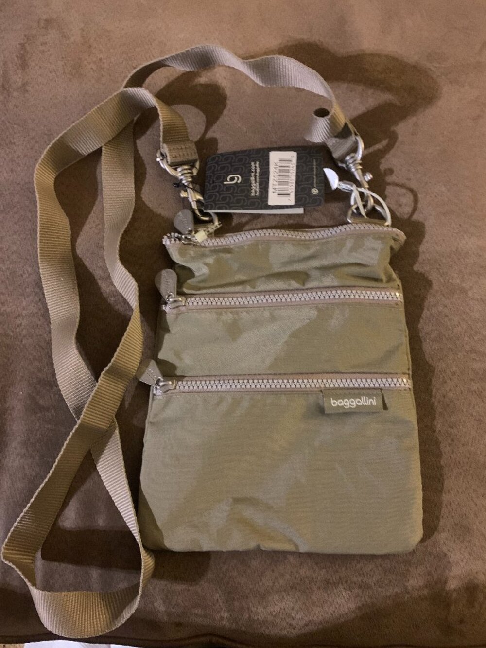 NWT Baggallini Mini Triple Zip Nylon Crossbody Purse – Khaki Taupe